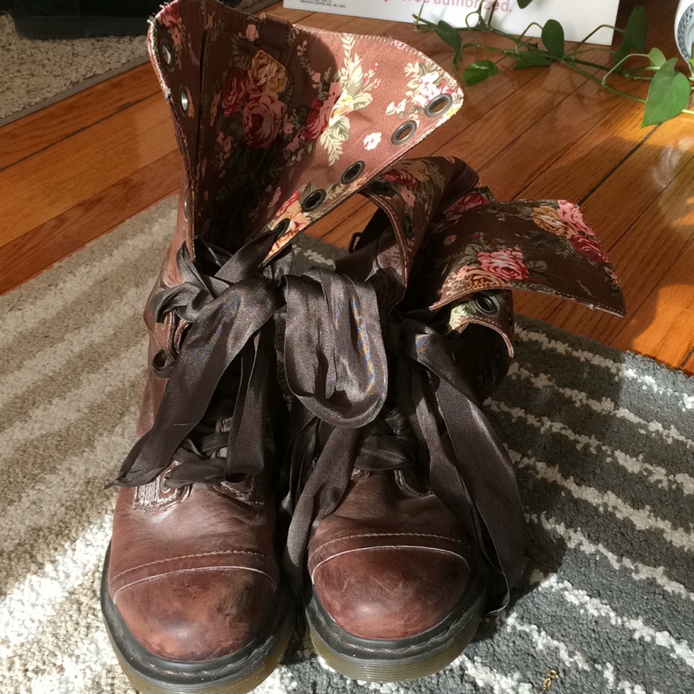 Brown Dr. Marten boots. Floral inside.